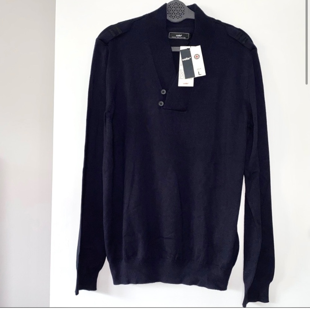 NWT Celio Mezzo Marine Nautical Shoulder Stripes Button Cowl Neck Soft Sweater